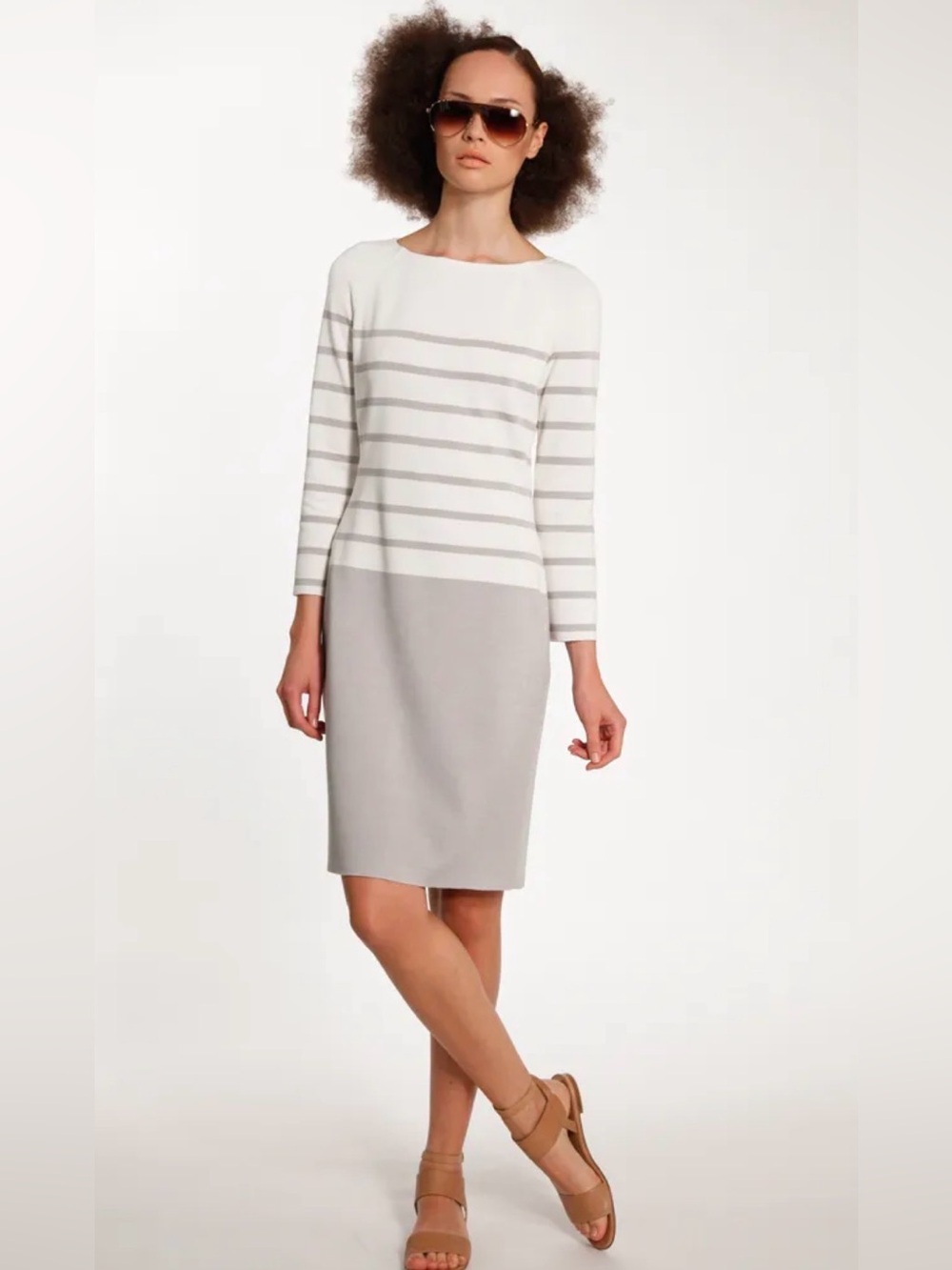 St. John Ivory Gray Stripe Knit Sheath Dress 4 Santana Knit Quiet Luxury